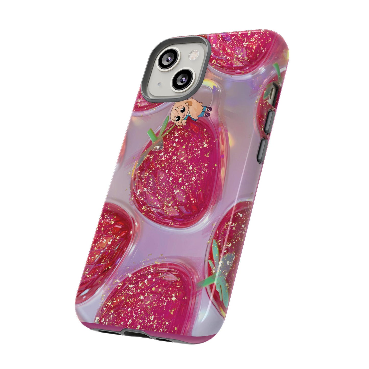 Glittery Strawberry iPhone 14 Case, Stained Glass Pink Aesthetic | Cute Phone Accessory, Tough Case for Girls, Fun & Stylish Gift