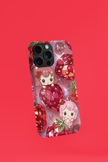 Kawaii Strawberry iPhone 14 Case, Stained Glass Cute Tough Phone Case | Aesthetic Pastel Pink Custom Cover, Fun Gift, Berry Decor