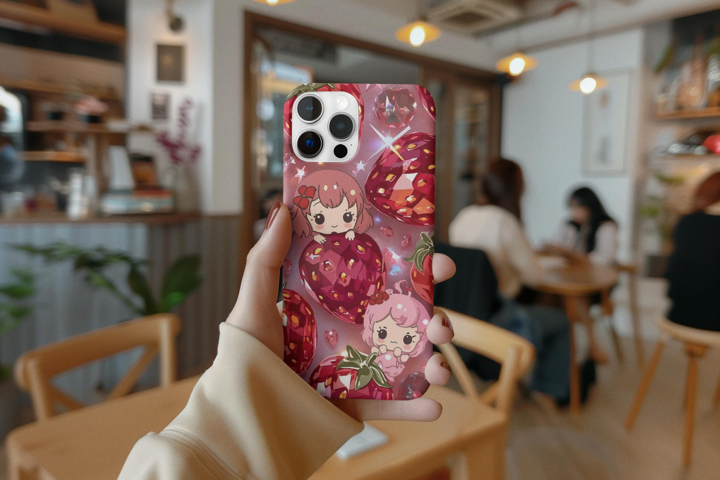 Kawaii Strawberry iPhone 14 Case, Stained Glass Cute Tough Phone Case | Aesthetic Pastel Pink Custom Cover, Fun Gift, Berry Decor