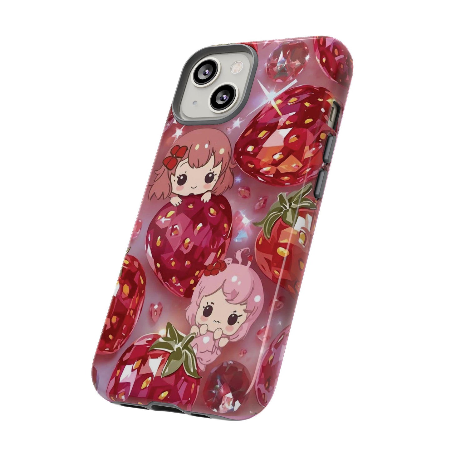 Kawaii Strawberry iPhone 14 Case, Stained Glass Cute Tough Phone Case | Aesthetic Pastel Pink Custom Cover, Fun Gift, Berry Decor