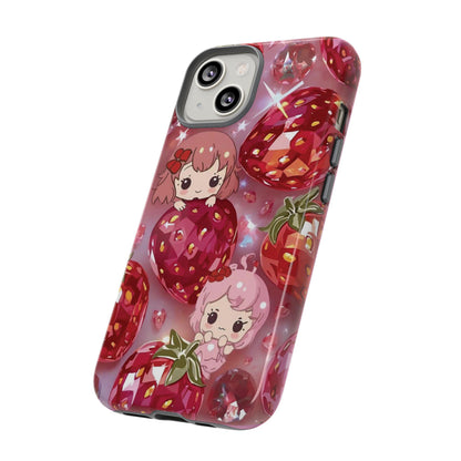 Kawaii Strawberry iPhone 14 Case, Stained Glass Cute Tough Phone Case | Aesthetic Pastel Pink Custom Cover, Fun Gift, Berry Decor