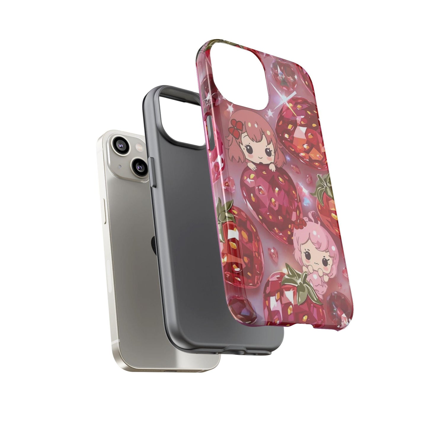 Kawaii Strawberry iPhone 14 Case, Stained Glass Cute Tough Phone Case | Aesthetic Pastel Pink Custom Cover, Fun Gift, Berry Decor