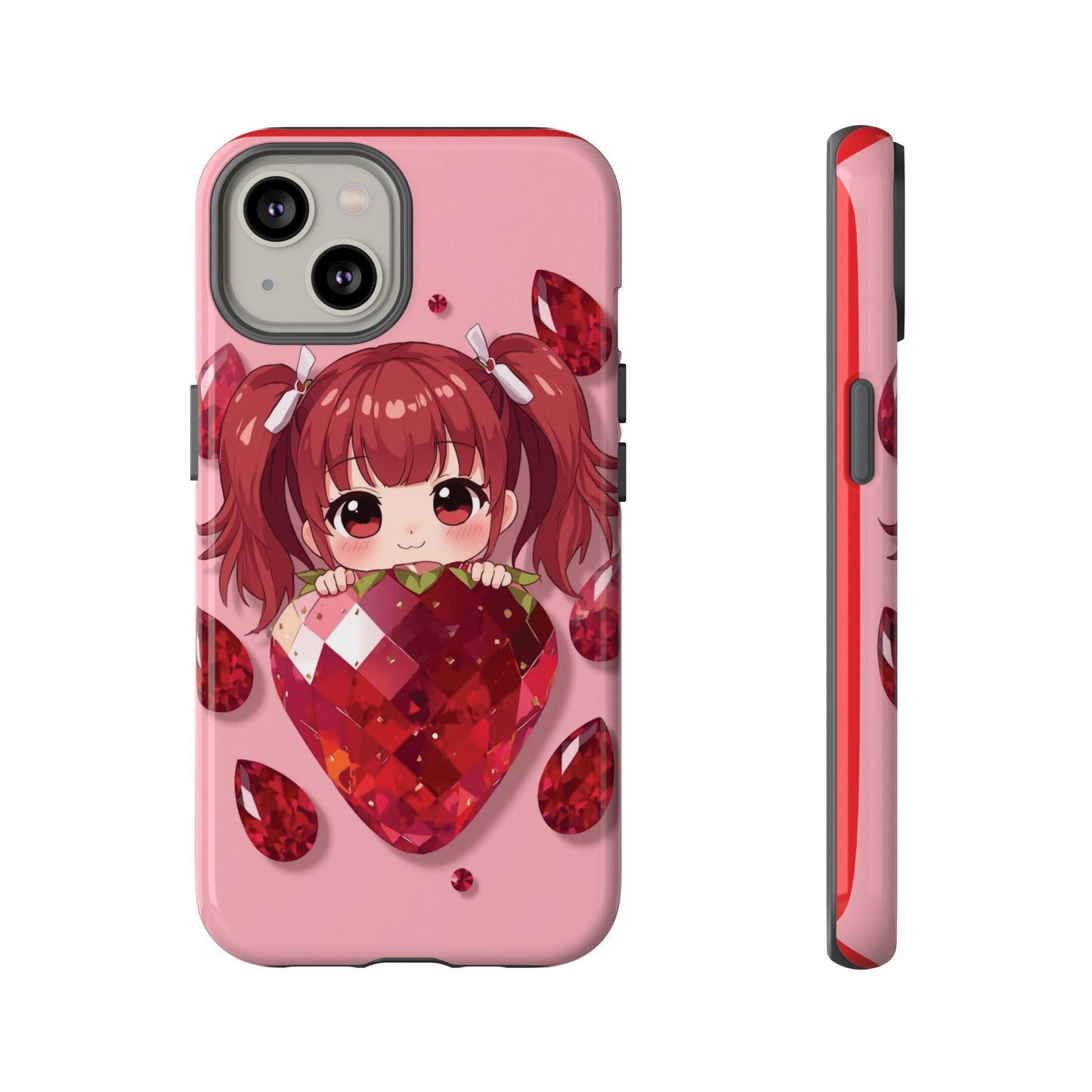 Kawaii Strawberry Girl iPhone 14 Case, Cute Pink Phone Cover | Stained Glass Aesthetic, Tough Phone Case, Fun Gift for Teens