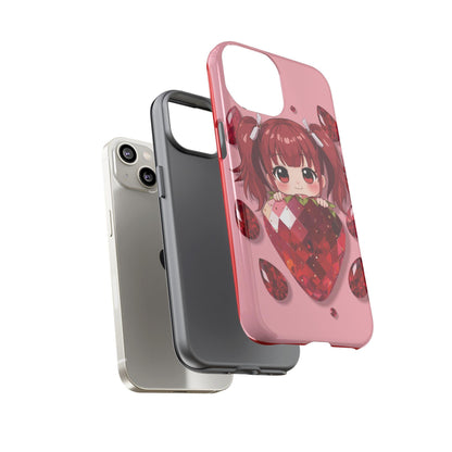 Kawaii Strawberry Girl iPhone 14 Case, Cute Pink Phone Cover | Stained Glass Aesthetic, Tough Phone Case, Fun Gift for Teens