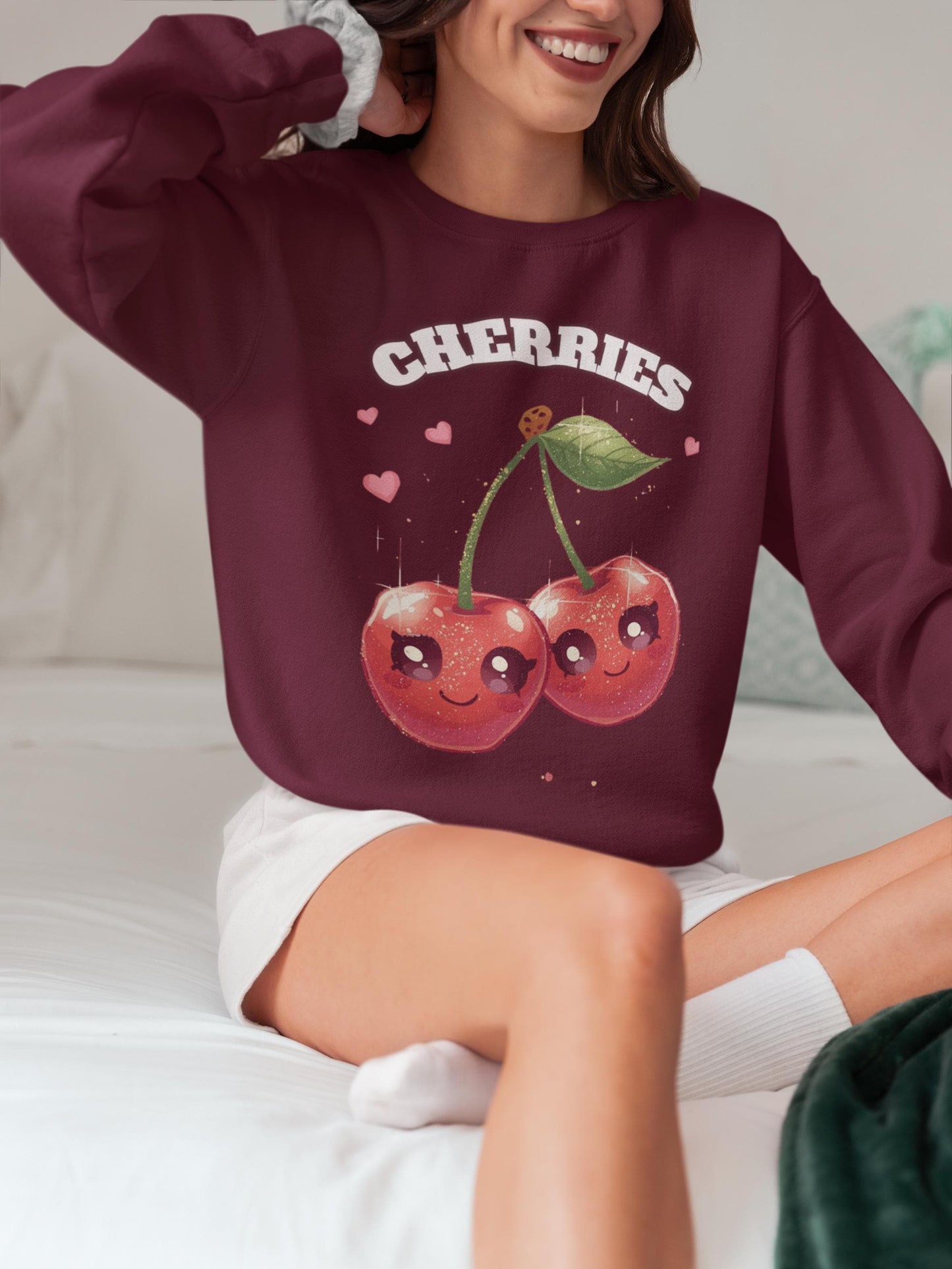 Kawaii Cherry Crewneck: Cozy Unisex Fleece Pullover for Fruit Lovers, Fall Fashion Gift