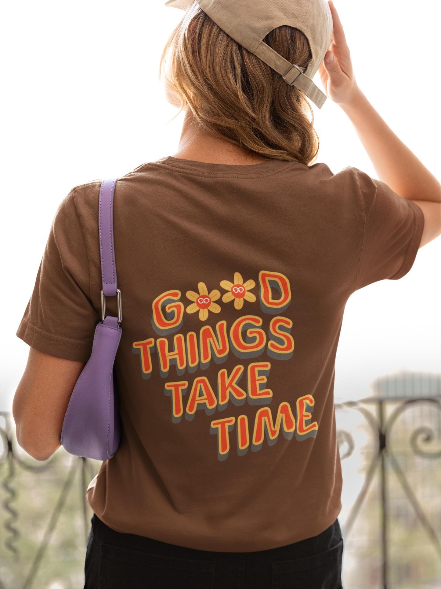 Retro Flower Graphic Tee: Good Things Take Time Quote Shirt, Cozy Unisex Comfort Colors