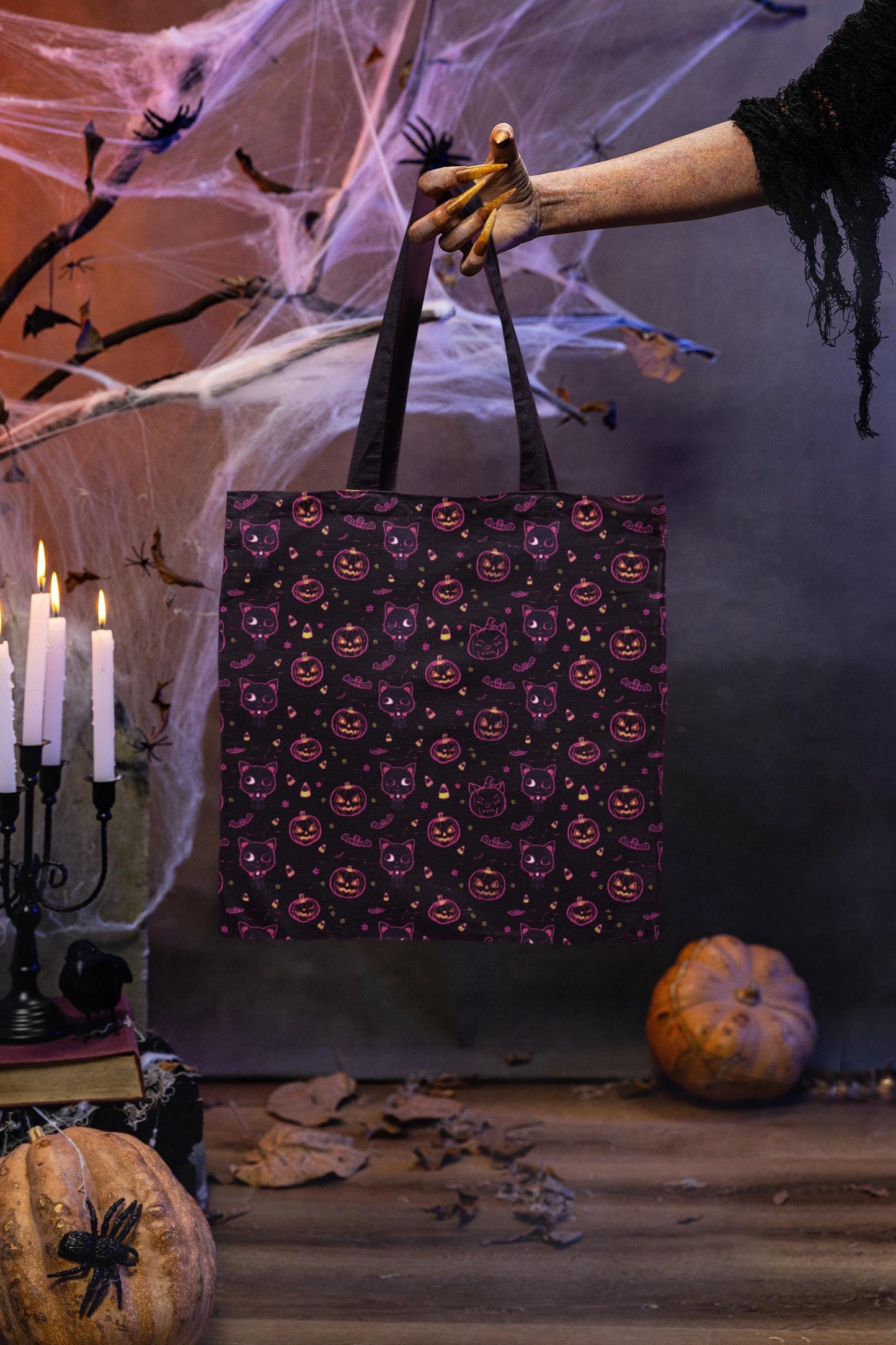 Kawaii Spooky Cat Halloween Tote Bag: Witchy Vibes