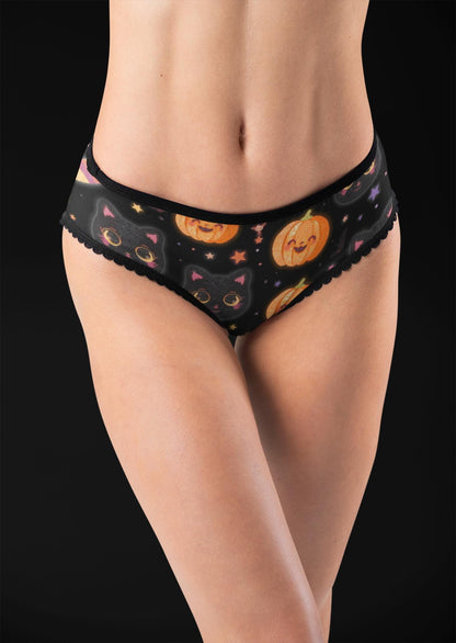 Festive Halloween Cat Thong: Kawaii Pumpkin Print Panties - Spooky Cute Lingerie Gift for Women