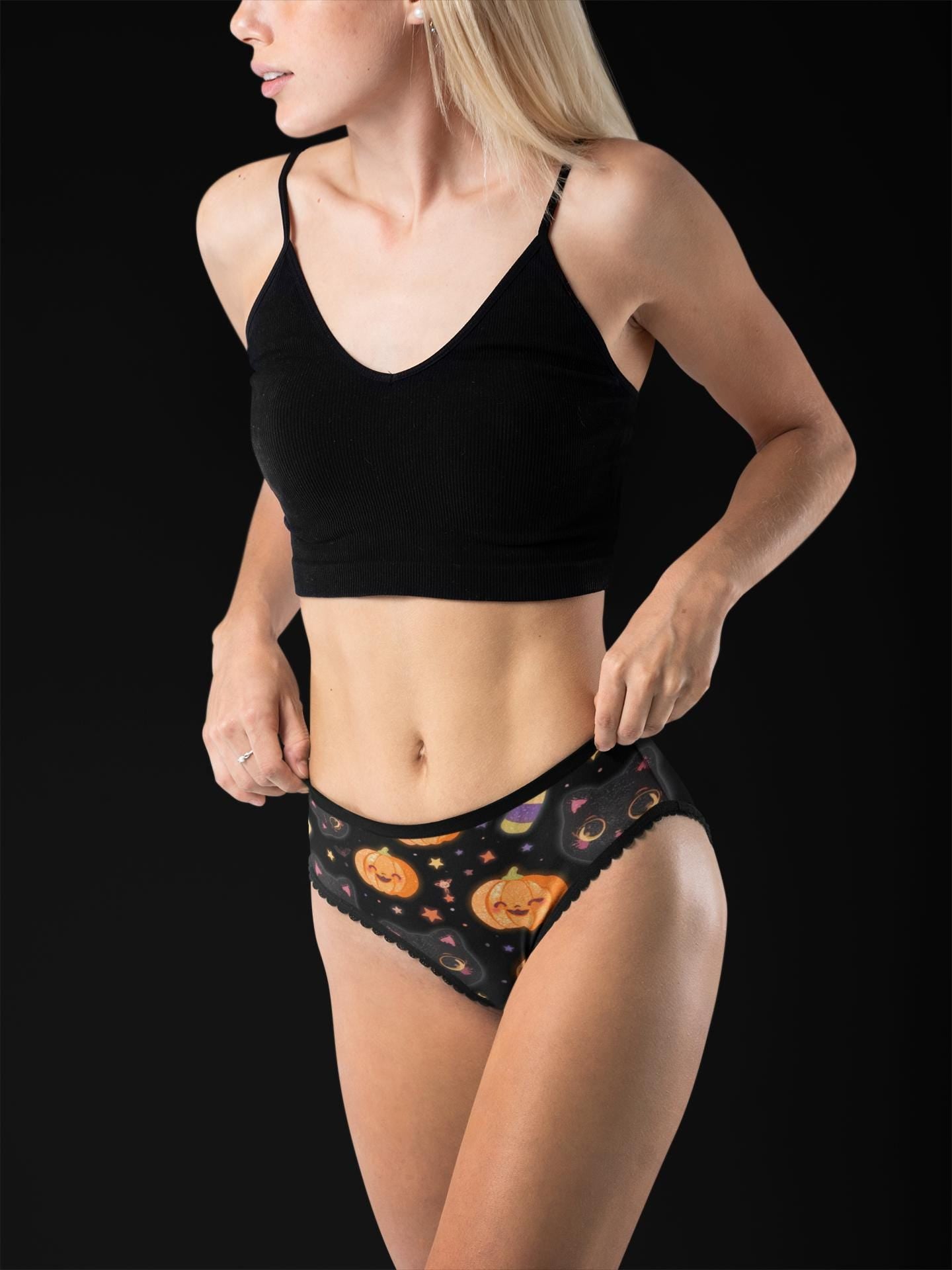 Festive Halloween Cat Thong: Kawaii Pumpkin Print Panties - Spooky Cute Lingerie Gift for Women