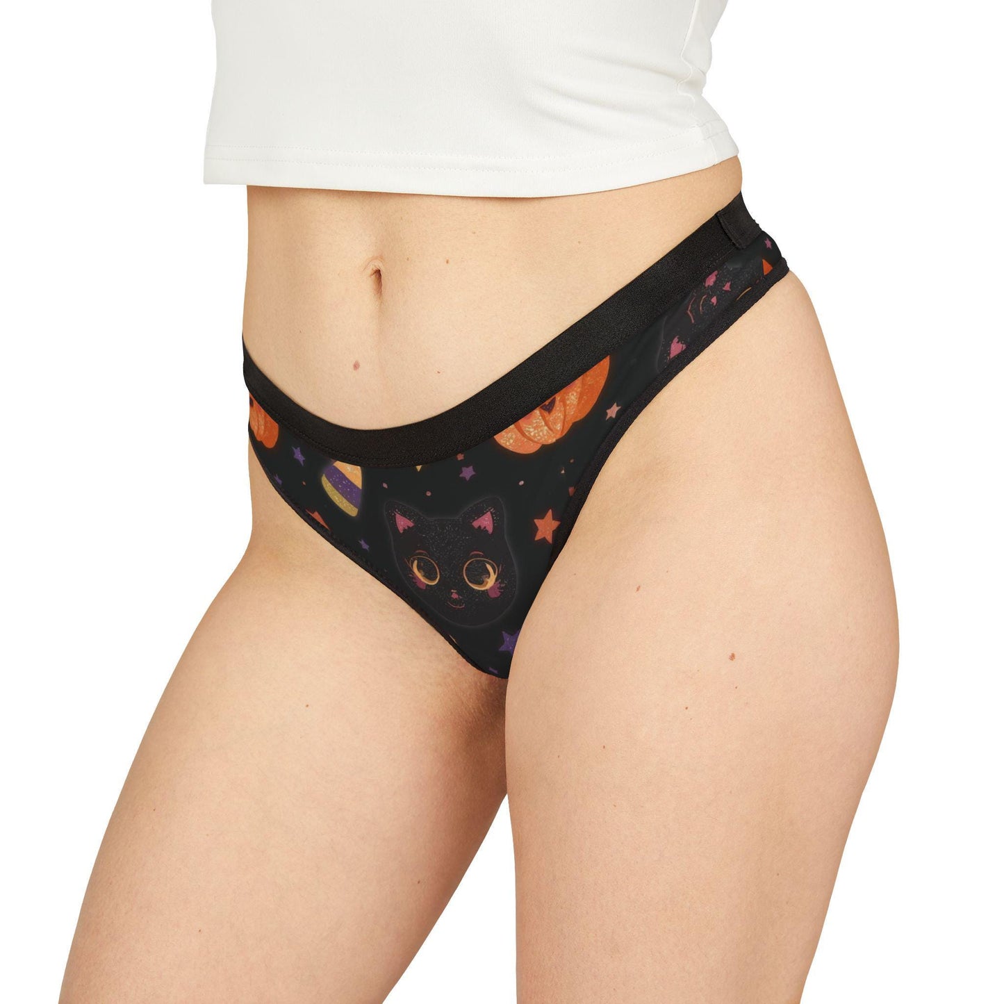 Festive Halloween Cat Thong: Kawaii Pumpkin Print Panties - Spooky Cute Lingerie Gift for Women