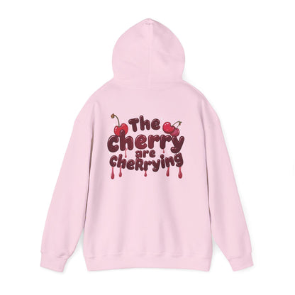 Pastel Pink Hoodie: Dripping Red Cherries, Unisex Streetwear