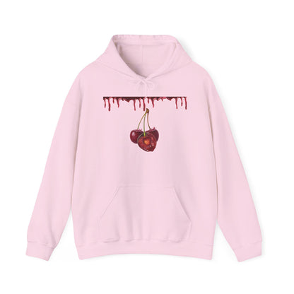 Pastel Pink Hoodie: Dripping Red Cherries, Unisex Streetwear