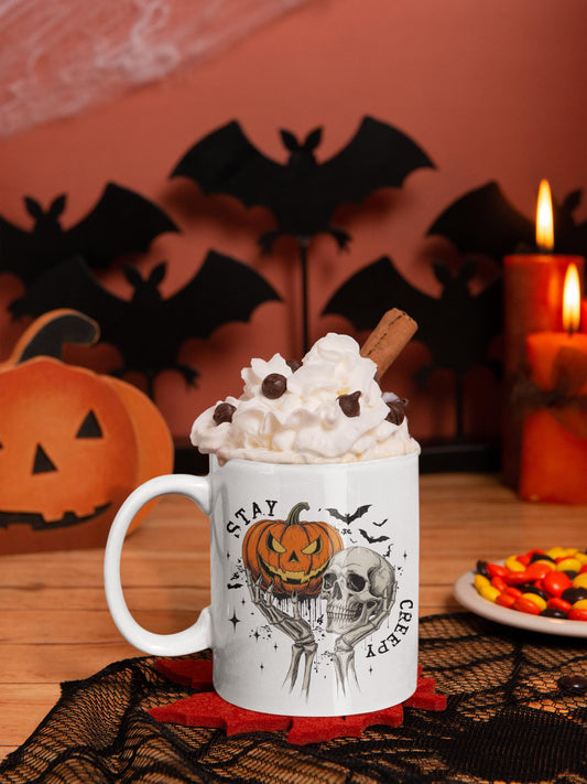 Spooky Halloween Mug, Skull and Pumpkin Design. Autumn Vibes Cup, Fall Decor, Halloween Kitchen