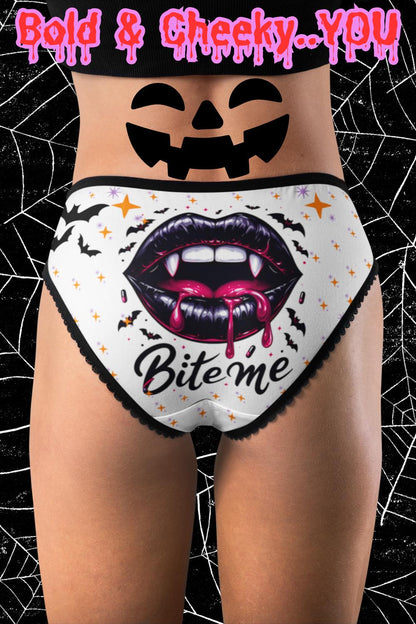 Bite Me Halloween Panties, Spooky Vampire Lips Underwear, Cute Goth black and white briefs, Gift for Women