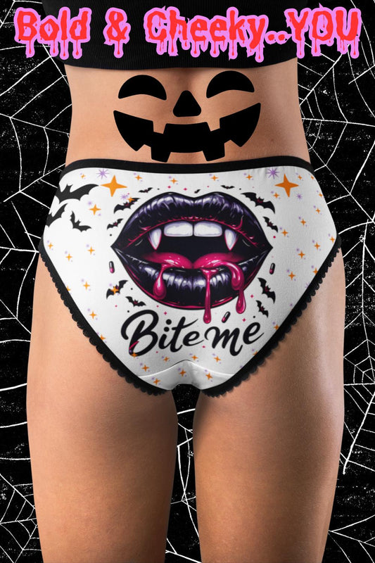 Bite Me Halloween Panties, Spooky Vampire Lips Underwear, Cute Goth black and white briefs, Gift for Women
